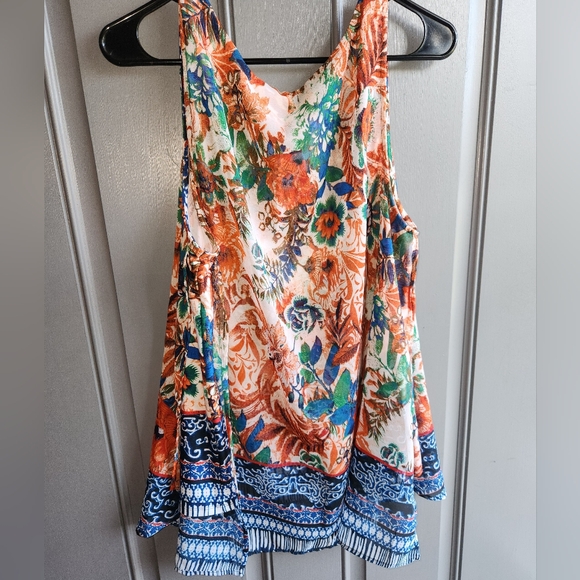 New Directions Curvy Top Blouse Plus 1X Orange Blue Sleeveless Sheer Overlay - Picture 2 of 9